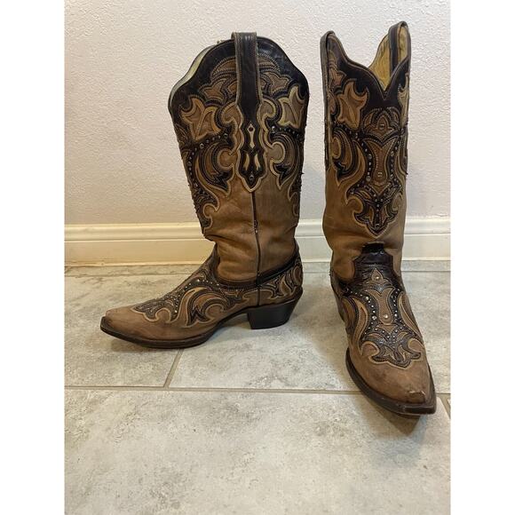 "Corral Women Style G1185 Brown & Dark Brown Embroidered Cowboy Boots 8" - Picture 2 of 16